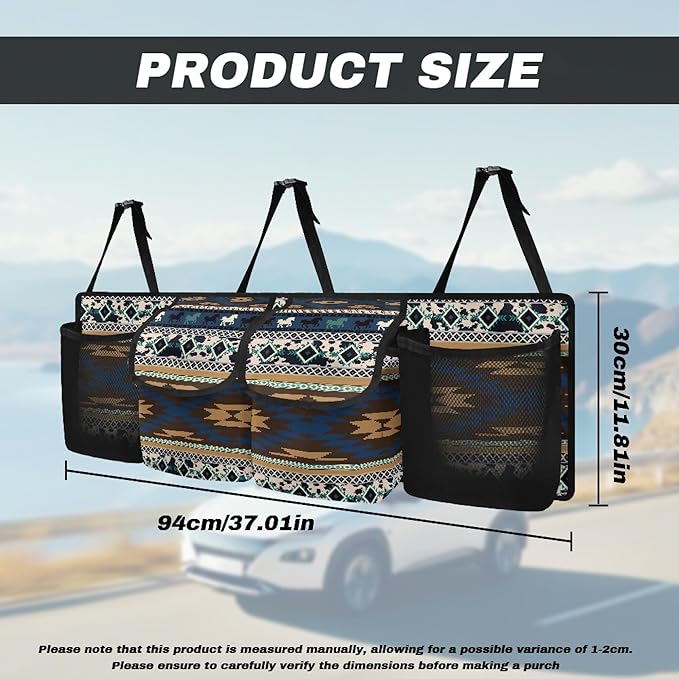 CLOHOMIN Aztec Ethnic Horse Backseat Car Organizer Hanging Cargo Storage Organizer with 4 Pockets Blue Car Seatback Organizer for Most Vehicle Car Interior Accessories