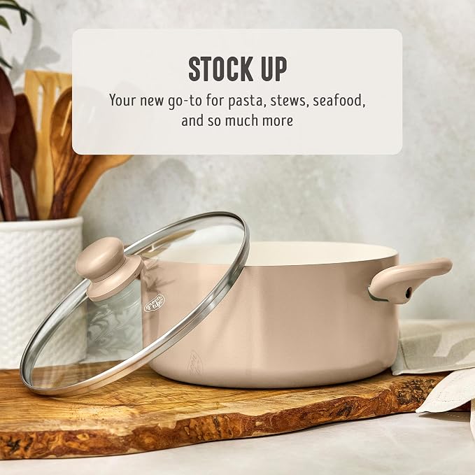 GreenLife 5 Quart Nonstick Stock Pot with Lid, Non-Toxic Ceramic Pot, Dishwasher Safe, Induction Ready, Fast Heating, Stay-Cool Handles, Kitchen Casserole, Soup, Pasta, Easy Clean, Beige Taupe