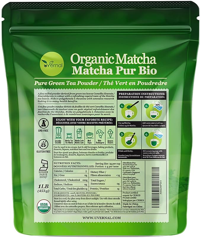 Organic Matcha Green Tea Powder (1 Lb) - 100% Pure Matcha for Smoothies Latte and Baking - Easy to Mix - Kosher Pareve