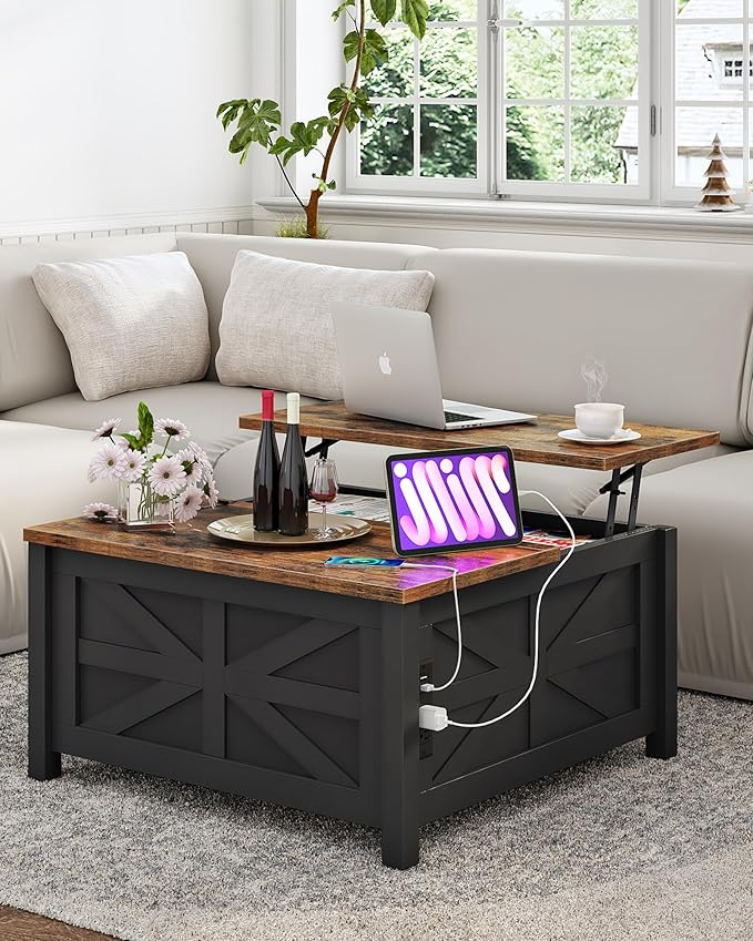 31.5" Lift Top Coffee Table, Farmhouse Coffee Table with Charging Station and Storage, 2 AC Outlets and 2 USB Ports, Black and Rustic Brown MKF02UBFN1