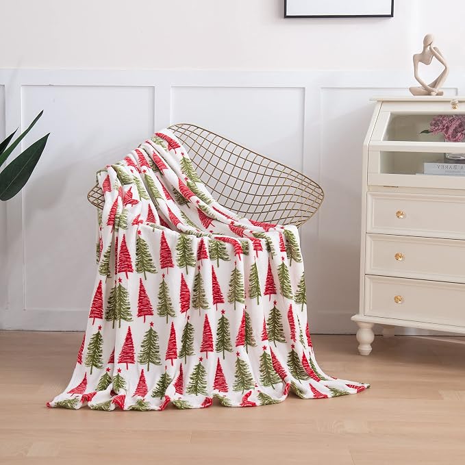 Elegant Comfort Luxury Velvet Super Soft Christmas Prints Fleece Blanket-Holiday Theme Home Décor Fuzzy Warm and Cozy Throws for Winter Bedding, Couch and Gift, 50 x 60 inch, Ivory Christmas Tree