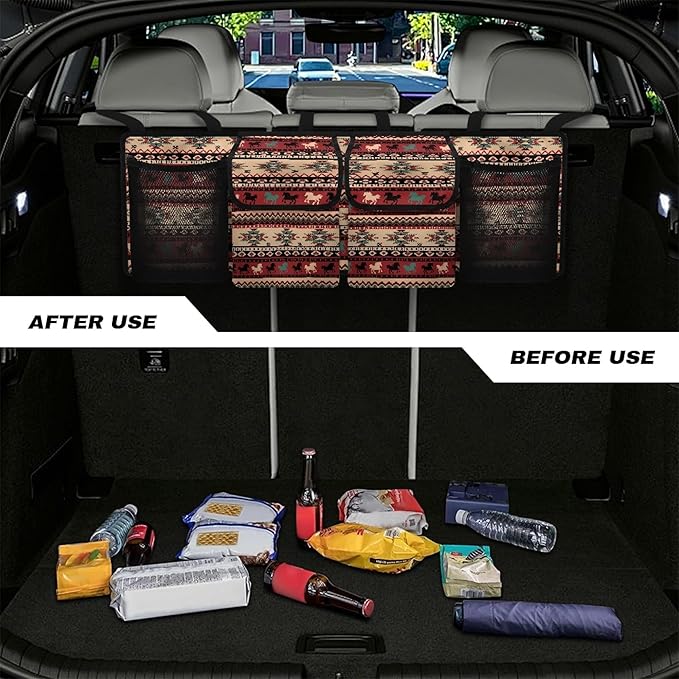 CLOHOMIN Southwest Aztec Horse Car Seatback Organizer Large Capacity Car Trunk Organizer Hanging Car Storage Bags with 4 Pockets Washable Car Trunk Mesh Storage Car Decor