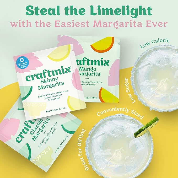 Craftmix Margarita Variety Pack Cocktail & Mocktail Drink Mixer, Skinny Mixes - Water Flavoring Packets - Made With Real Fruit - Vegan Low-Carb, Low-Sugar, Non-GMO, Dairy Free, Gluten Free, 12 Pack