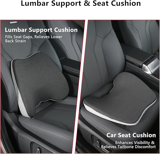 Car Seat Cushion, 2 in 1 Wedge Car Cushions or Lumbar Support for Driving, Extra Large Memory Foam Seat Cushion for Sciatica Pain Relief, Driver Seat Cushion for Car Truck, Black