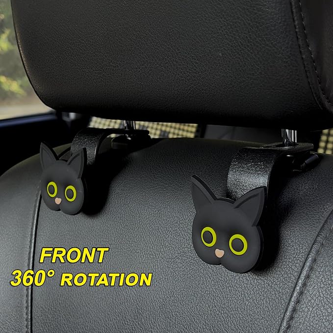 Car Seat Headrest Hooks,2 Pack Black Cute Cartoon Cat Hook 360° Rotation Heavy Duty Car Purse Hook Hanger for Bags, Coats, Umbrellas, Groceries, Universal Vehicle Fit