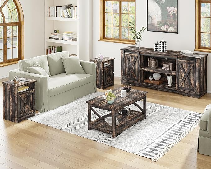 AMERLIFE 4-Piece Farmhouse Table Set Includes Sliding Barn Door TV Stand, Coffee Table& Two End Tables, Side Table with Charging Station and USB Ports, for Living Room, Dark Oak, 66"