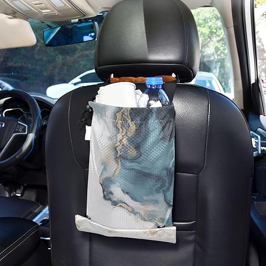 ALAZA Hanging Car Trash Bags Garbage Bag Trash Can for Back Seat Small Marble Nordic Style Washable Storage Bag Retractable 2 Pack