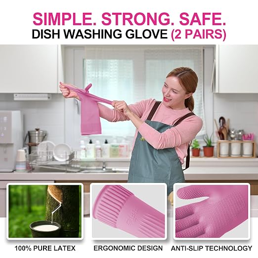 DABOGOSA Mamison 2 Pairs Reusable Waterproof Household Dishwashing Cleaning Rubber Gloves, Non-Slip Kitchen Glove (Pink, Small (Pack of 2))