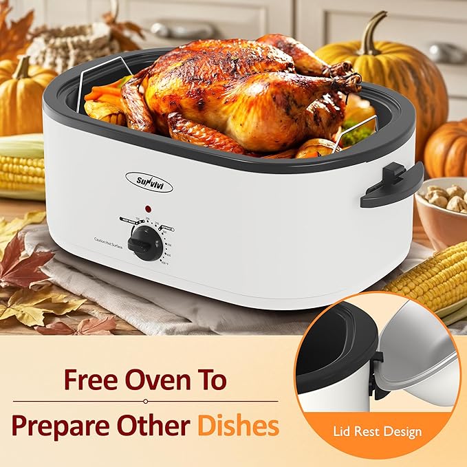 Sunvivi 26 Quart Roaster Oven, Electric Roaster Oven with Glass Lid, Turkey Roaster Buffet with Self-Basting Lid, Removable Pan, Cool-Touch Handles, White