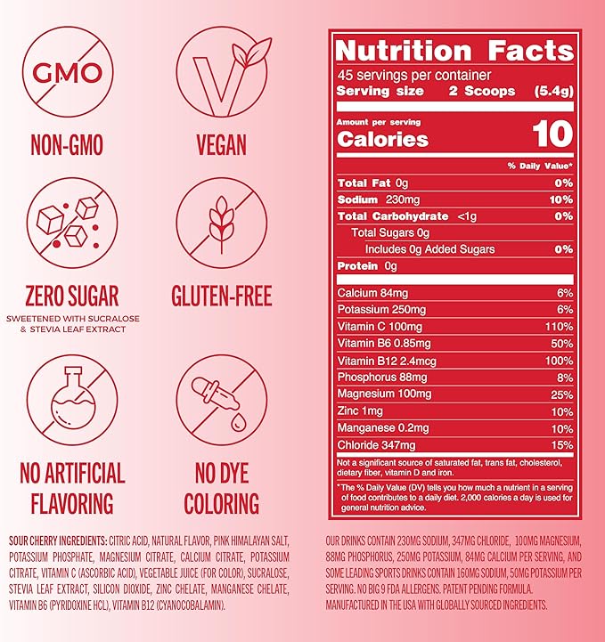 TREVI™ Sugar Free Electrolytes - Everyday Hydration Drink Mix Hydration Powder Multi Serving Tub - 45 Serving - Sour Cherry