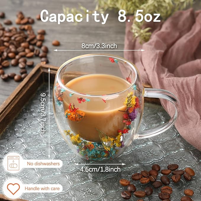 6 Pcs Flower Double Wall Coffee Mugs 8.5 oz Clear Decorative Coffee Glass Cup Insulated Heat Resistant Mug with Handle for Hot Cold Espresso Beverages Juice Birthday Mother's Day Gifts
