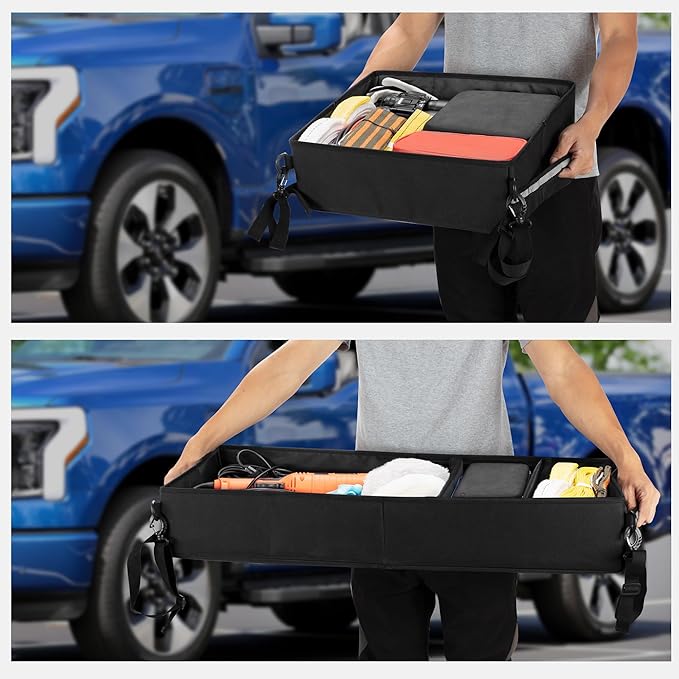 Trunk Under Seat Storage Fit for Super Crew, Tool Organizer Box Under Rear Seat for Three Seats with Removable Bottom Boards, Side Handles and Hook Snap Fix Straps, Black