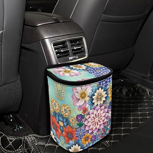 DISNIMO Boho Floral Car Trash Can Easy-to-Install Car Accessory Interior, Leak-Proof Car Garbage Can Bin Organizer Storage Bag for The Back Seat of Any Cars, Sedans, SUVs & Trucks