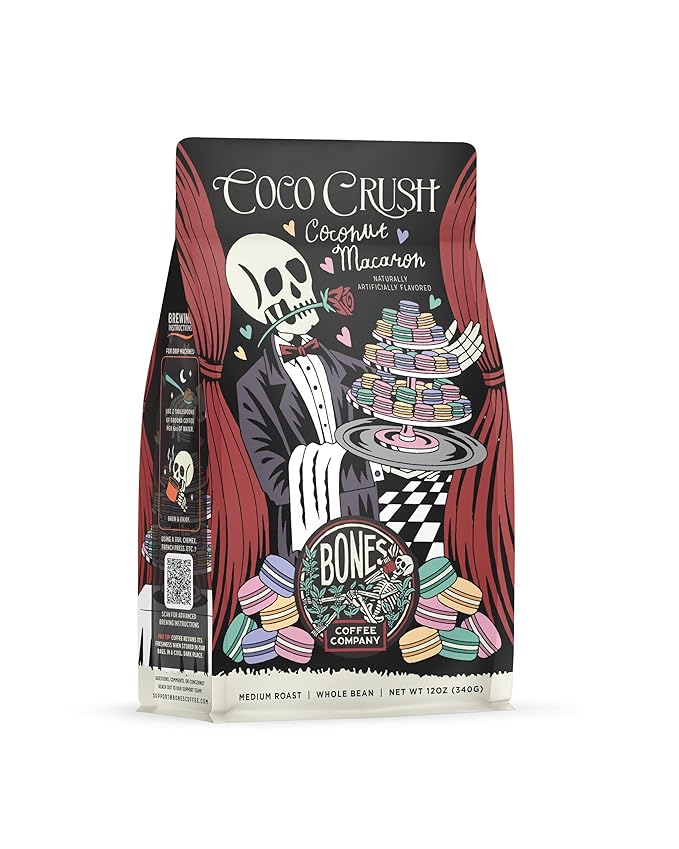 Bones Coffee Company Coco Crush, Coconut Macaron Flavored Coffee, Medium Roast Low Acid Arabica Beans Compatible with Auto drip and French Press Coffee Maker, 12 Oz Whole Bean