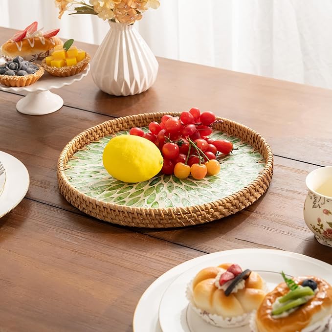 StorageWorks Decorative Coffee Table Trays for Home Decor, Round Rattan Tray with Mother of Pearl Inlay, Small Wicker Woven Serving Tray Decor for Kitchen Counter, Living Room and Ottoman, Green