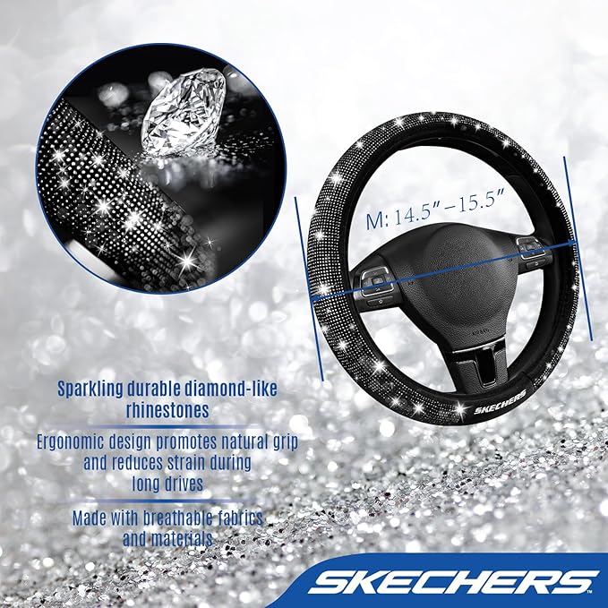 Skechers Women’s Bling Steering Wheel Cover, Velvet with Sparkly Crystal Rhinestones, Stylish Car Interior Gift, Universal Fit 14" 1/2-15" for Cars, SUVs, Trucks, Black Diamond