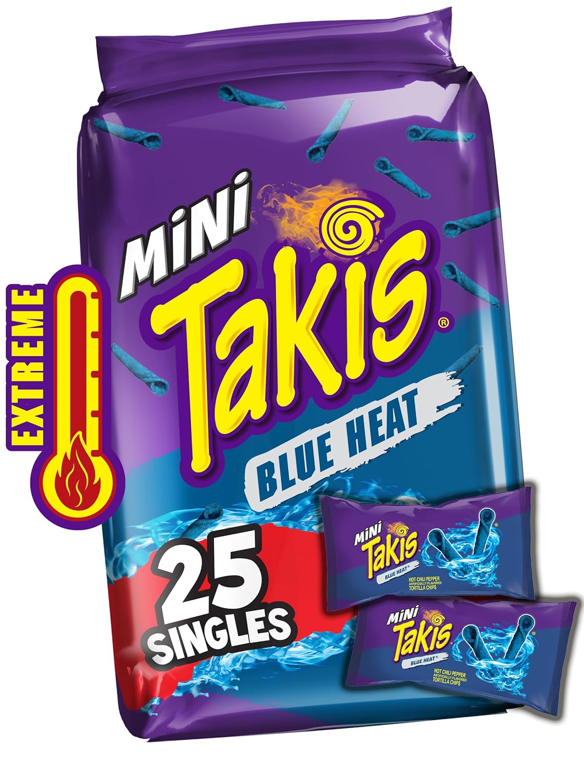 Takis Mini 25 pc / 1.23 oz Bite Size Variety Pack, Assorted Flavored Mixed Rolled Tortilla Chips – (15) Fuego, (10) Blue Heat