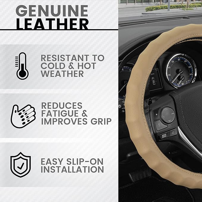 BDK Genuine Beige Leather Steering Wheel Cover for Car, Small 13.5-14 inch – Ergonomic Comfort Grip for Men & Women, Car Steering Wheel Cover for Vehicles with Small Steering Wheel