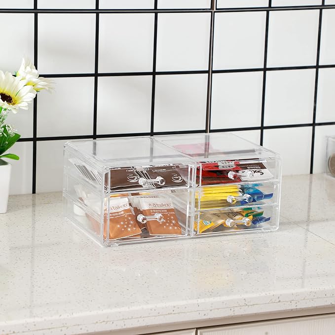 Cq acrylic 1 Pack Clear Desk Organizer With Drawers,Stackable 5 Drawers Skincare Organizer,Cute Skin Care Organizers for Vanity Hair Clip,Jewelry,Beauty Product Desk and Makeup Organizers Countertop
