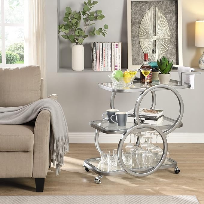 Home Bar Serving Carts 3 Tier Kitchen Carts on Wheels Mobile Bar Carts for Home Kitchen Dining Room Living Room Party, Silver Grey