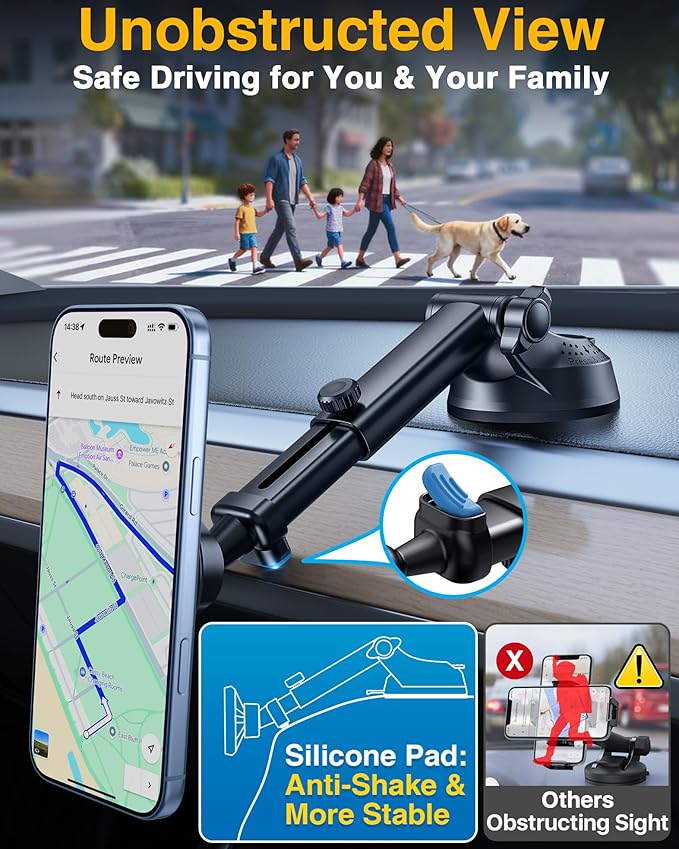 [2026 Military-Grade] YRU for Magsafe Car Mount 90+LBS Strong Suction 360° Adjustable Magnetic Phone Holder for Car Dashboard Windshield Vent, Cradle for iPhone 17 16 15 14 13 12 Samsung, Light Yellow