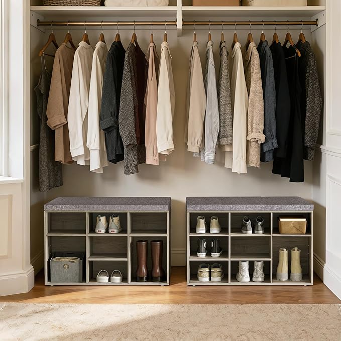 DINZI LVJ Shoe Bench, 9 Cubbies Shoe Organizer for Entryway, Storage Bench with Cushion, Cubby Shoe Rack with Adjustable Shelves for Living Room, Bedroom, Mudroom, Hallway, Gray Wash