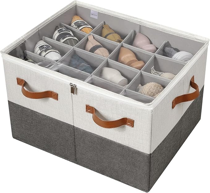 TOPIA HOME Shoe Organizer for Closet, Foldable Shoe Box with Adjustable Dividers and Clear Cover, Space Saving Shoe Storage Organizer Cabinet with Reinforced Handles, Fits 16 Pairs TP09WG