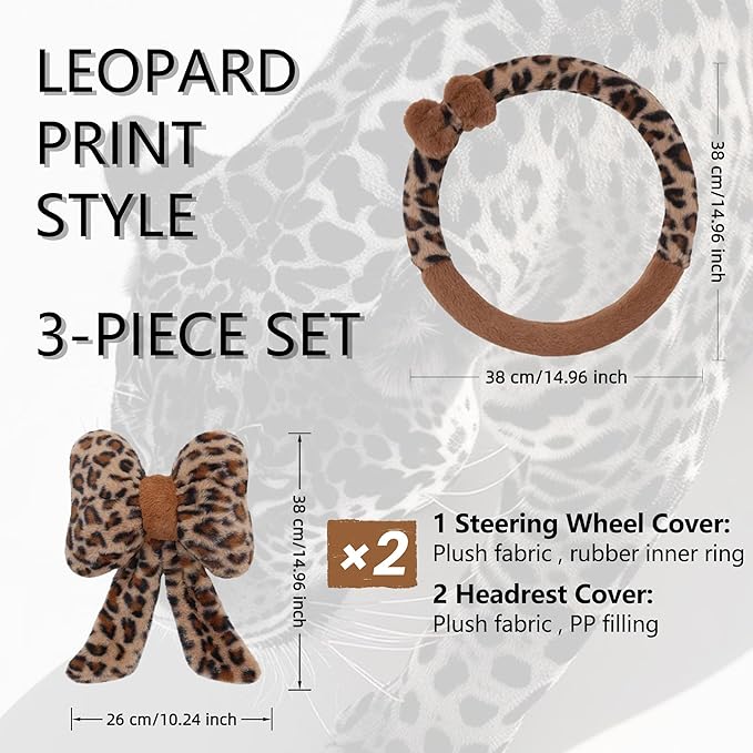 Car Steering Wheel Cover with Leopard Print & Cute Bowknot Soft Anti-Slip Y2K Retro Luxury Fluffy Fur Car Interior Accessory (Leopard Set 3)