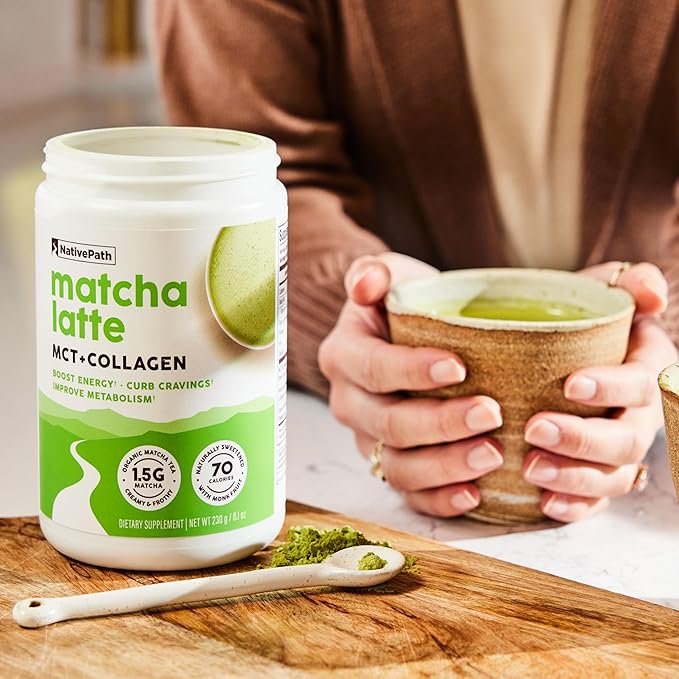 NativePath Matcha Latte Collagen Peptides with MCT Oil - 10g Grass-Fed Collagen & Organic Matcha for Energy & Focus - Keto, No Gluten or Dairy (8.1 oz)