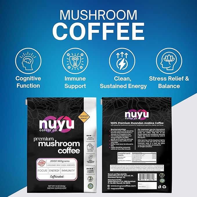 Nuyu Medium Roast Premium Mushroom Coffee, 12 oz, Specialty Ground 100% Arabica, 2000mg Functional Mushrooms, Lion's Mane, Reishi, Chaga, Cordyceps for Cognition, Energy and Wellness