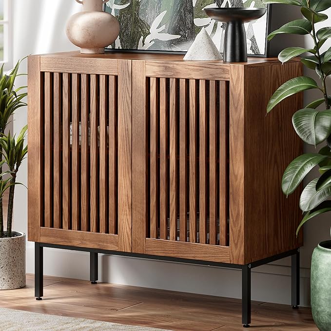 Storage Cabinet, Modern Coffee Bar with Adjustable Shelf and Metal Base, 32 Inch Wood Multifunctional Console Table for Kitchen, Living Room, Entryway, Brown