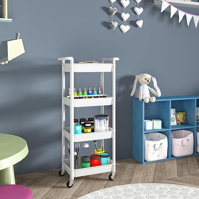MIOCASA Utility Rolling Cart with Detachable Tray Top, 4-Tier Kitchen Storage Organization, Art Cart with Wheels for Office, Classroom, Livingroom, Kitchen, Bathroom (White, 4-Tier-Plastic)