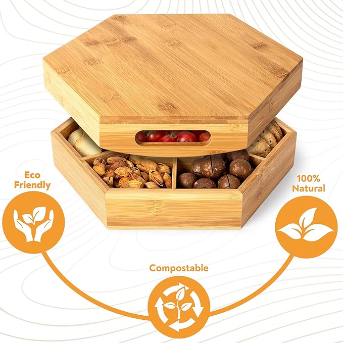 Snack Tray with Lid That Doubles as a Serving Tray – 13"x11" Bamboo Wooden Dry Fruit Tray for Nuts & Candy, Decorative Trays for Home Decor, Coffee Table or Ottoman Use (Bamboo, 13"x11")