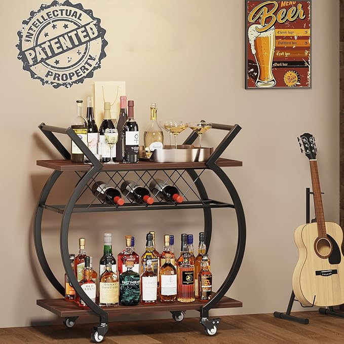 LVB Modern Gold Bar Cart, Industrial Rolling Serving Wine Cart with Wine Rack, Coffee Liquor Drink Cart with Storage and Wheels, Wood and Metal Kitchen Microwave Beverage Cart for Home, Walnut