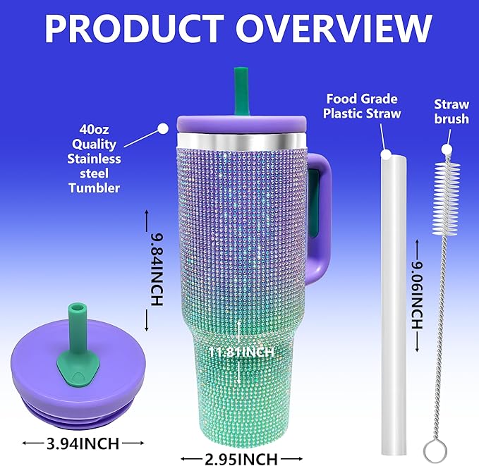 40-OZ Insulated Water Bottle,Insulated Stainless Steel Tumbler,Reusable Cold Drink Thermos,BPA-Free, Double-Wall Stainless Steel Water Bottle (Purple Green Gradient-Diamond, 40, Fluid Ounces)