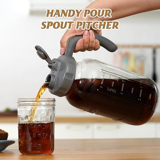 Soligt Glass Mason Jar Pitcher with Lid, Wide Mouth Flip Cap Pour Spout Leak-proof Lid with Handle, 64 oz/2 Quart, for Iced Coffee/Sun Tea Juice/Cold Brew/Milk (2 Pack, Dark Gray + Light Gray)
