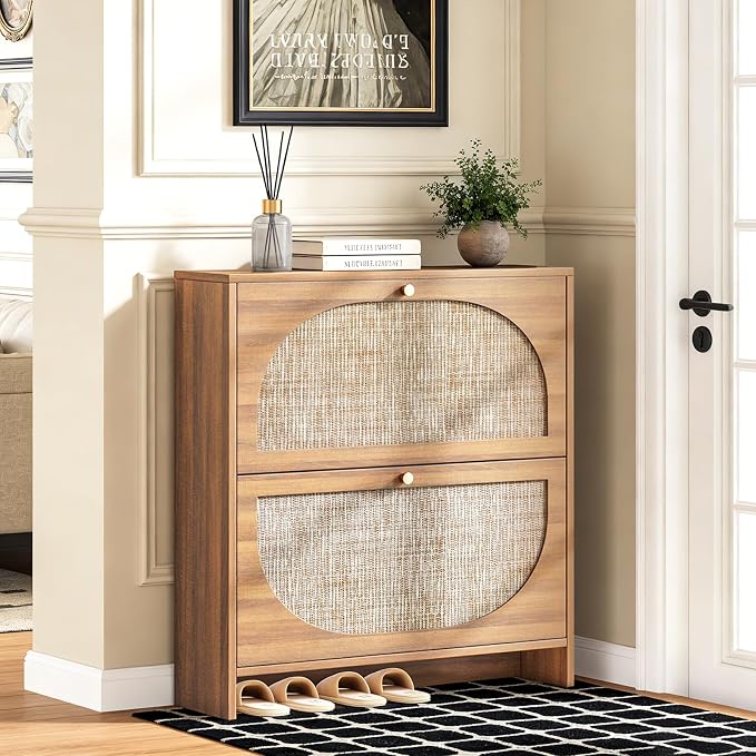Nicetree Freestanding Ultra Slim Arched Rattan Accent Shoe Storage Cabinet for Entryway - 2 Flip Drawers & 3-Tier Adjustable Shelves, Farmhouse Modern Rustic Shoe Rack for Hallway Foyer,Oak