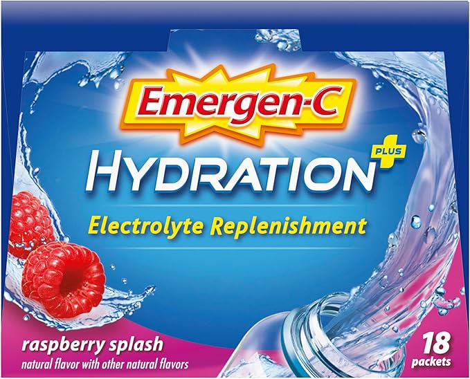 Emergen-C Hydration+ Sports Drink Mix With Vitamin C (18 Count, Raspberry Flavor), Electrolyte Replenishment, 0.33 Ounce Powder Packets
