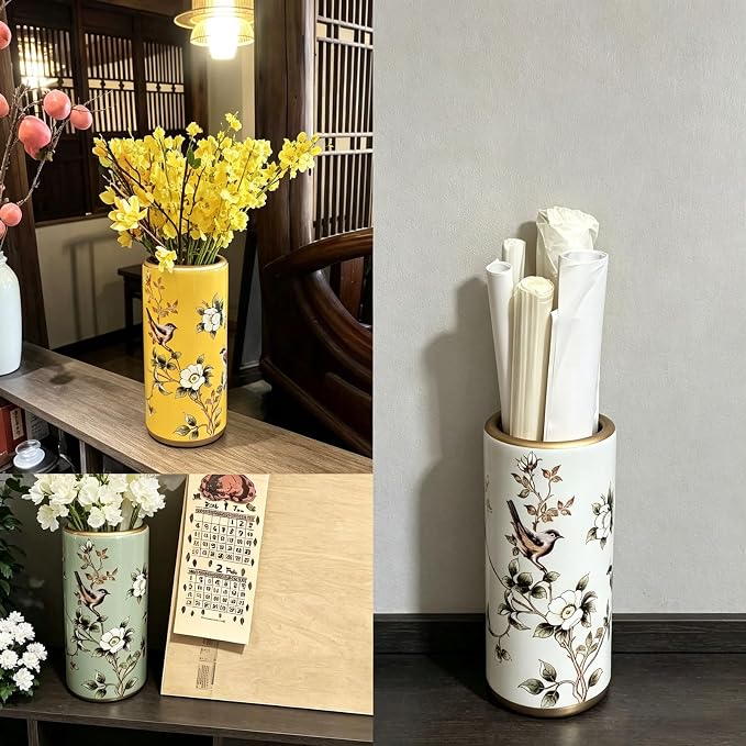 Ceramic Entryway Umbrella Stand,Handmade Appliques Chinese Umbrella Stand Barrels,Vintage Floor Standing Cane Holder Placed & Flower Vases for Hotel Office Home Entrance,E,17.3in