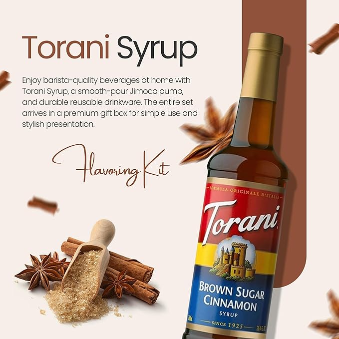Jimoco Barista Set – Torani Brown Sugar Cinnamon Syrup 25.4 oz, Jimoco Pump, Reusable Cup, Straw & Stirrer – Coffee, Italian Soda & Cocktail Flavoring Kit