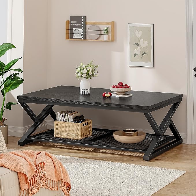 EnHomee Black Coffee Table with Storage, Modern Coffee Tables with Mesh Shelf, 2 Tier Minimalist Industrial Center Table for Living Room, Office, 47.2 Inch, Black Oak