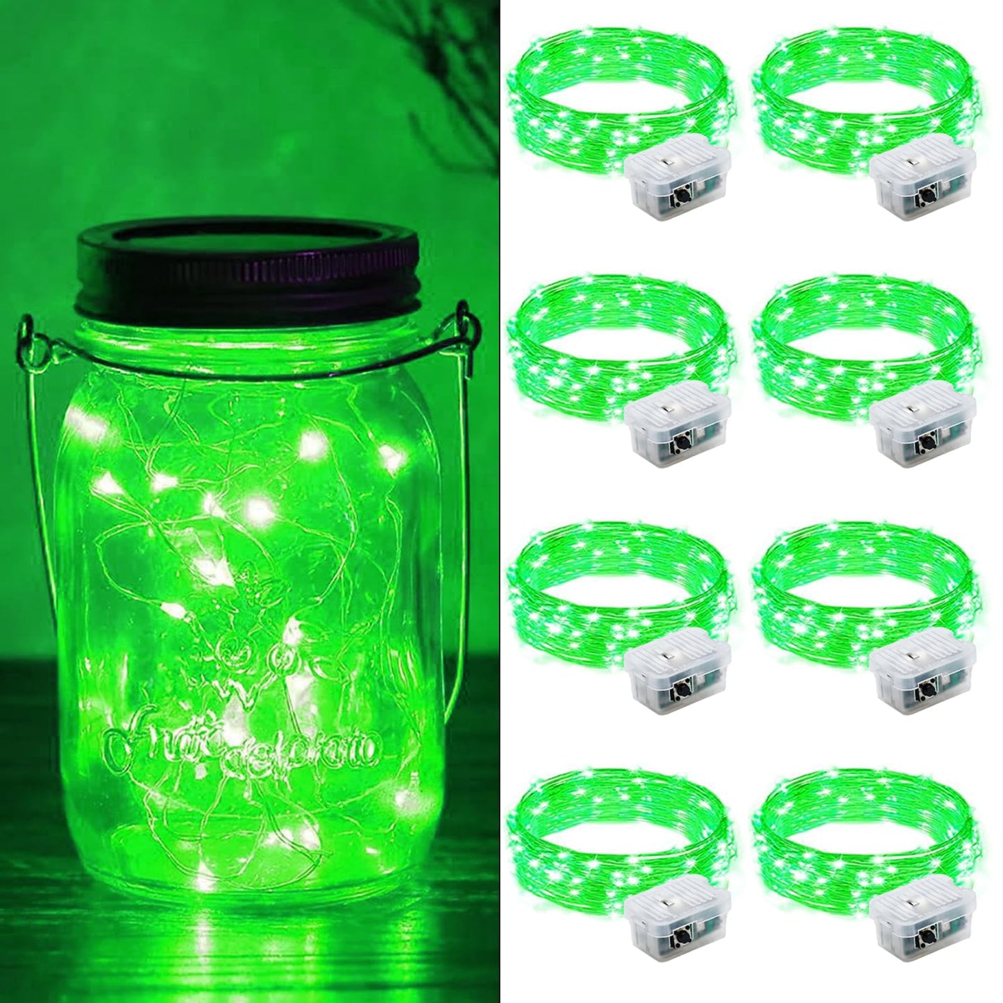 ZGWJ 8 Pack Fairy Lights, 7ft Mini LED String Lights, Battery Operated, Silver Wire, 3 Modes, Green, Model D2-2MXD-8GN