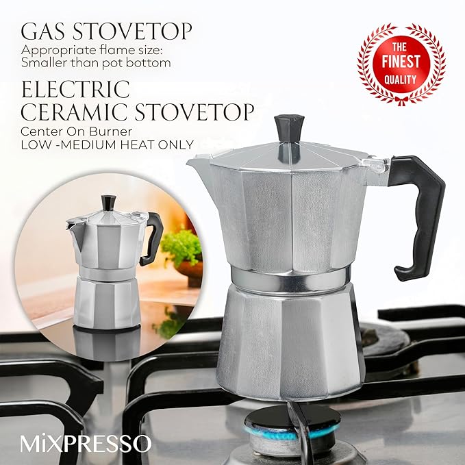 Mixpresso Moka Pot 3 Cup (5 oz Total) – Stovetop Espresso Maker for Gas & Electric Stove, Aluminum Cuban & Italian Coffee Maker, Small Size Espresso Brewer