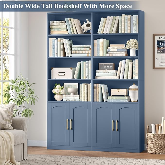 FACBOTALL Bookshelf and Bookcase with Doors, 6 Tier Double Wide Large Bookshelves, Open Display Shelves, 73'' Tall Bookshelf with Storage Cabinets for Home Office, Living Room, Library, Blue