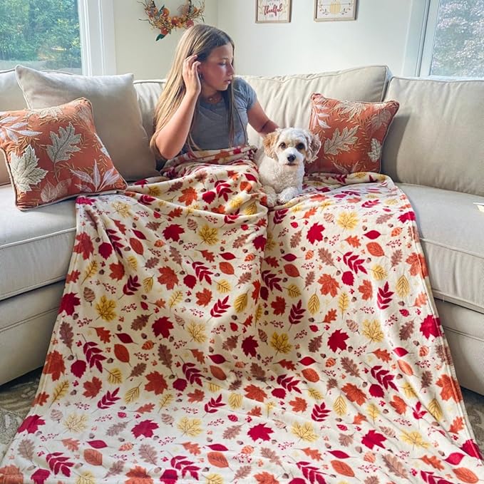 Fall Decor Throw Blanket: Soft Warm Autumn Leaves and Berries in Red Yellow Brown Beige Colors for Living Room Couch Bed Chair Dorm, Oversized 50" x 70" inches