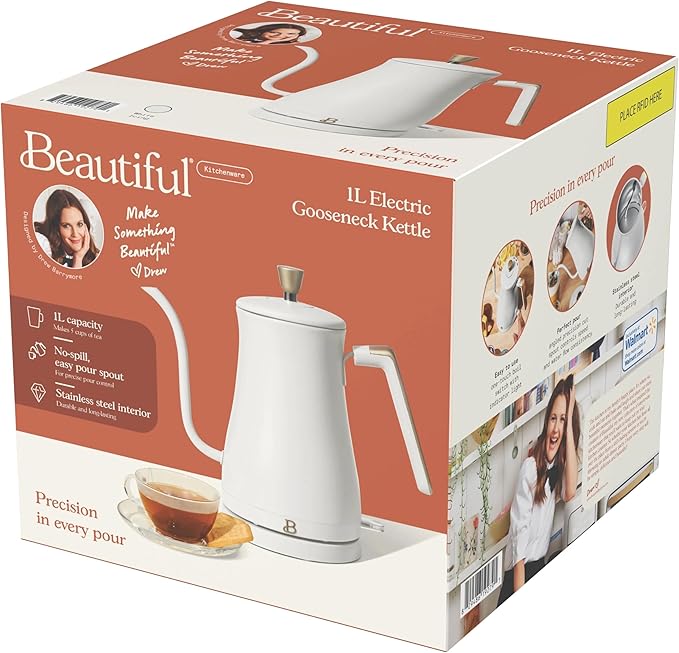 1-Liter Electric Gooseneck Kettle, 1200W Fast Heating Pour Over Coffee and Tea Kettle with Precise Spout (White Icing)