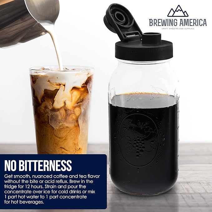 Brewing America Mason Jar Cold Brew Coffee Maker Infuser: Made in USA Wide Mouth Mason Jar with Screw Top Pour and Drinking Lid, Stainless Steel Filter - Coffee, Tea, Alcohol - 2 Quart 64 oz Black Lid