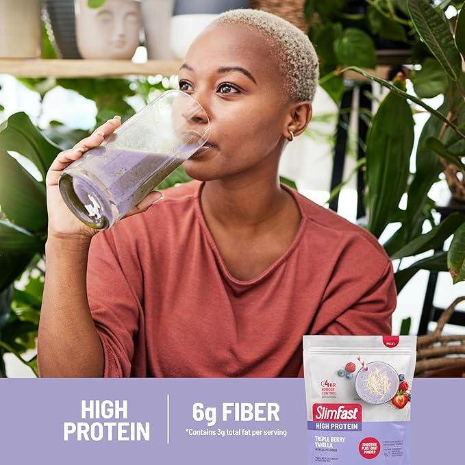 SlimFast High Protein Smoothie Mix Plus Fruit Powder, High Protein Meal Replacement Powder, Fiber, Vitamin C, 21 Servings, 1.29 Pounds, Triple Berry Vanilla (Packaging May Vary)