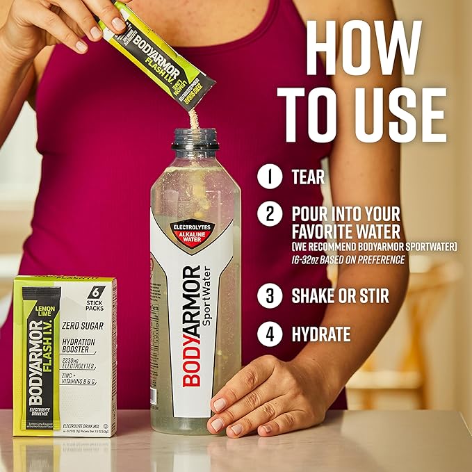 BODYARMOR Flash IV Electrolyte Packets, Lemon Lime - Zero Sugar Drink Mix, Single Serve Packs, Coconut Water Powder (15 Count)