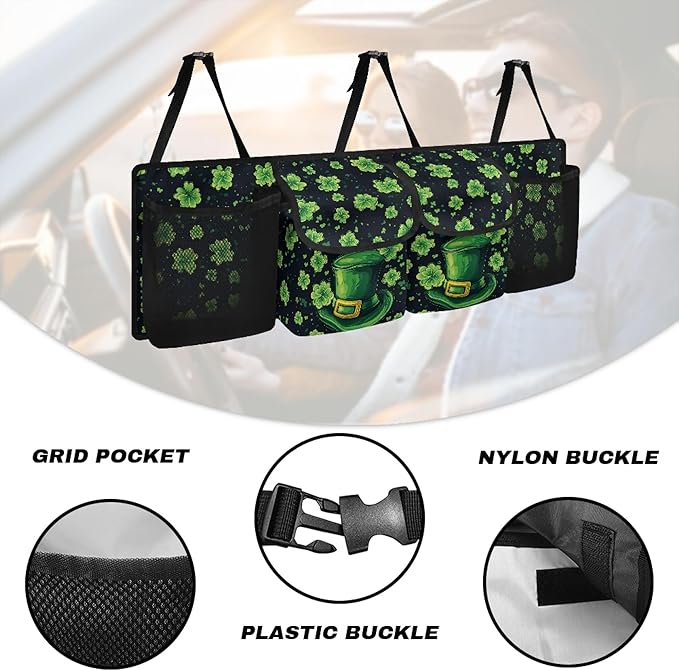CLOHOMIN Green Hat Car Trunk Organizer for Sedan Green Leaf Car Organizers and Storage with 4 Pockets Hanging Back Seat Organizer St. Patrick's Day Car Storage Accessories Interior